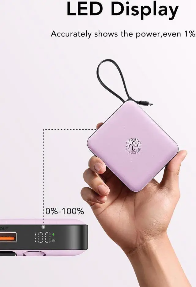 Alt view image 7 of 7 - VRURC Portable Charger with Built-in Cable, 10000mAh Power Bank, 22.5W/PD20W Fast Charging USB C Battery Pack for iPhone 16 15 14 Samsung Galaxy S25 S24 S23 S22 Android Airpods, Purple(1 Pack)