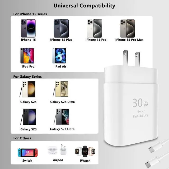 Alt view image 7 of 7 - iPhone 15 Pro Max Charger 30W USB C iPhone 15 Charger Block Fast Charging with 10FT Long Type C Cord Cable for iPhone 15/15 Pro/15 Pro Max/15 Plus, iPad Pro/Mini/Air, Samsung S24/S23/ Ultra-3 Pack