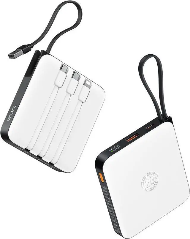 Main image of VRURC 20000mAh Portable Charger with Built-in Cables, Travel Essentials, Power Bank PD 20W for iPhone Fast Charging Battery Pack, for iPhone 16 15 14 13 12 11 x Samsung Galaxy Series, White(1 Pack)