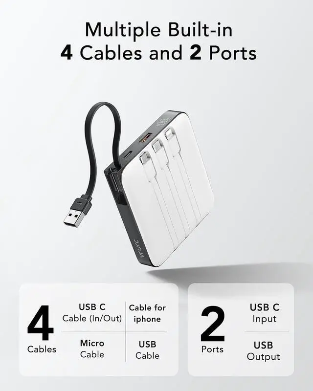 Alt view image 3 of 7 - VRURC 20000mAh Portable Charger with Built-in Cables, Travel Essentials, Power Bank PD 20W for iPhone Fast Charging Battery Pack, for iPhone 16 15 14 13 12 11 x Samsung Galaxy Series, White(1 Pack)