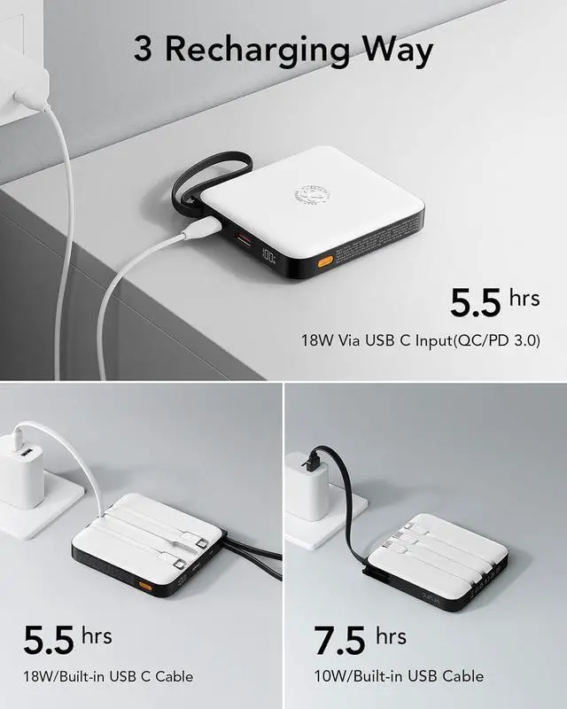 Alt view image 5 of 7 - VRURC 20000mAh Portable Charger with Built-in Cables, Travel Essentials, Power Bank PD 20W for iPhone Fast Charging Battery Pack, for iPhone 16 15 14 13 12 11 x Samsung Galaxy Series, White(1 Pack)