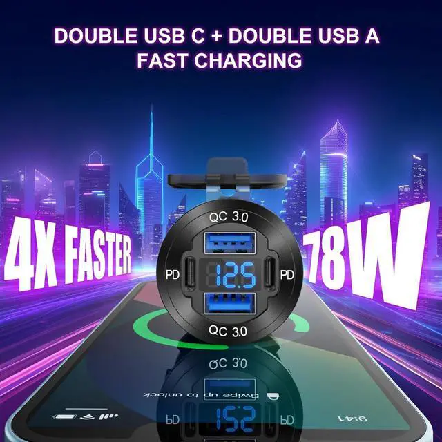 Alt view image 2 of 7 - Upgraded 4 Port 12V USB Outlet Aluminum Charger, 78W Dual PD & QC Multiple USB Port for Car, USB C Cigarette Lighter Replacement 12 Volt Socket with Voltmeter Waterproof for Marine Boat Motorcycle RV
