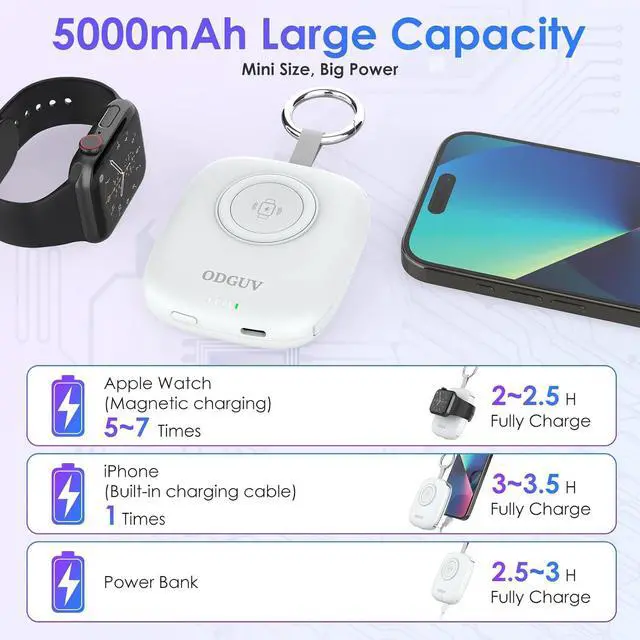 Alt view image 3 of 7 - Small Portable Charger 5000mAh,iWatch Wireless Charger Mini Power Bank with Built-in Cable,Travel Keychain Charger for Apple Watch 11/10/9/8/Ultra/7/6/Se/5/4,iPhone 17/16/15/14/13/12,Android Phone