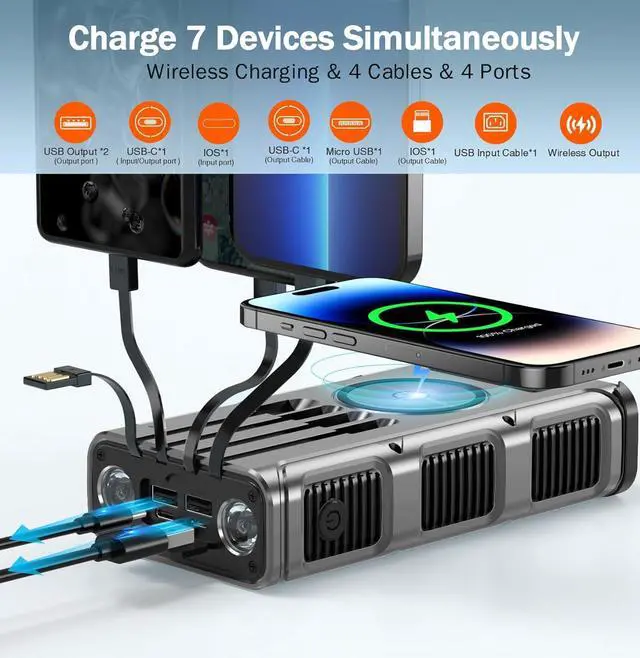 Alt view image 2 of 7 - GOODaaa Power Bank Wireless Charger 45800mAh Built in Hand Crank and 4 Cables 15W Fast Charging Power Bank 7 Outputs & 4 Inputs Solar Portable Charger, SOS/Strobe/Strong Flashlights, Compass