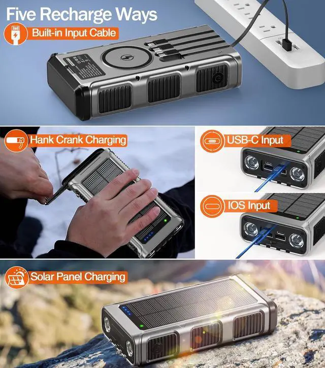 Alt view image 5 of 7 - GOODaaa Power Bank Wireless Charger 45800mAh Built in Hand Crank and 4 Cables 15W Fast Charging Power Bank 7 Outputs & 4 Inputs Solar Portable Charger, SOS/Strobe/Strong Flashlights, Compass