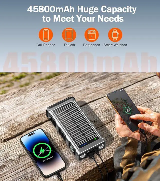 Alt view image 4 of 7 - GOODaaa Power Bank Wireless Charger 45800mAh Built in Hand Crank and 4 Cables 15W Fast Charging Power Bank 7 Outputs & 4 Inputs Solar Portable Charger, SOS/Strobe/Strong Flashlights, Compass