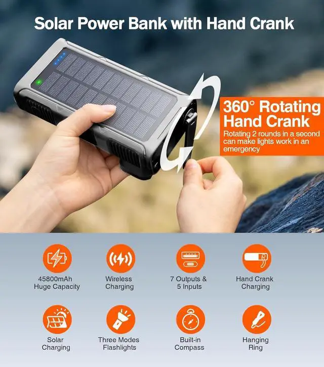 Alt view image 3 of 7 - GOODaaa Power Bank Wireless Charger 45800mAh Built in Hand Crank and 4 Cables 15W Fast Charging Power Bank 7 Outputs & 4 Inputs Solar Portable Charger, SOS/Strobe/Strong Flashlights, Compass