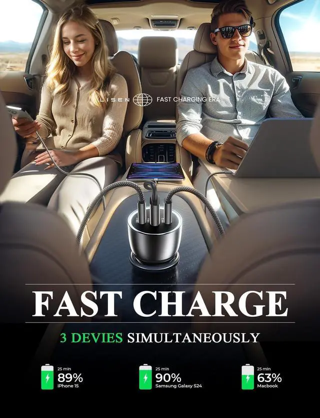 Alt view image 5 of 7 - LISEN 170W GaN Car Charger USB C Fast Charge PD3.1 140W 3 Port Super Fast Charging Car Charger Laptop for  iPad Pro Air Cigarette Lighter Adapter Car USB C Charger for iPhone 15 Pro with Cable