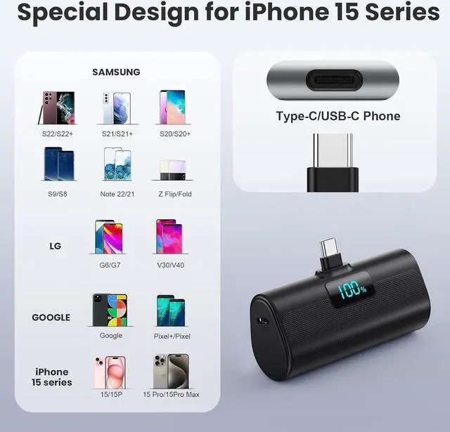 Alt view image 2 of 7 - Small Portable Charger 5200mAh,Upgraded PD USB C Power Bank Built-in USB-C Connector,LCD Display Battery Pack,Compatible with iPhone 16/15/15 Plus/15 Pro/15 Pro Max/iPad/Samsung Android Phone etc