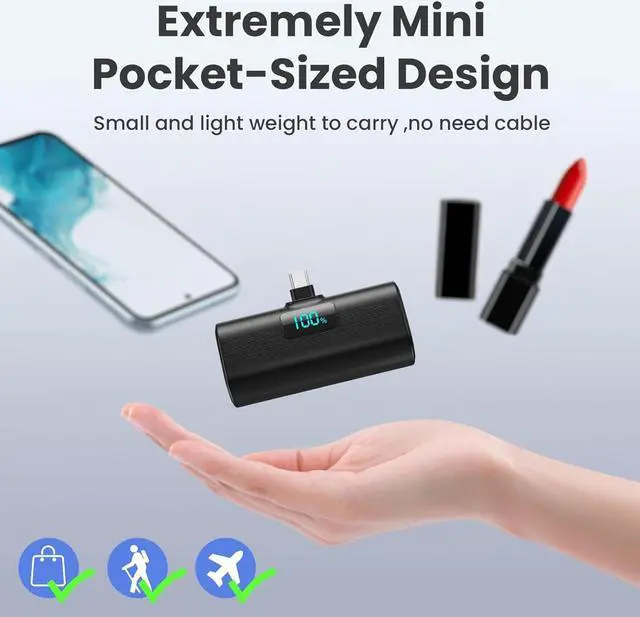 Alt view image 3 of 7 - Small Portable Charger 5200mAh,Upgraded PD USB C Power Bank Built-in USB-C Connector,LCD Display Battery Pack,Compatible with iPhone 16/15/15 Plus/15 Pro/15 Pro Max/iPad/Samsung Android Phone etc