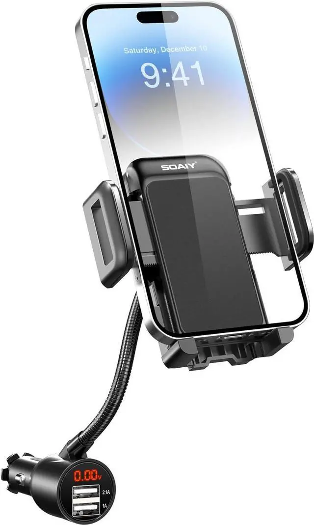 Main image of 3-in-1 Cigarette Lighter Car Mount + Voltage Detector (Not for Center Console & Window) Dual USB 3.1A Charger with Adjust Gooseneck & 360° Rotating Car Mount Cradle for 1.7-3.7inch Width Phones