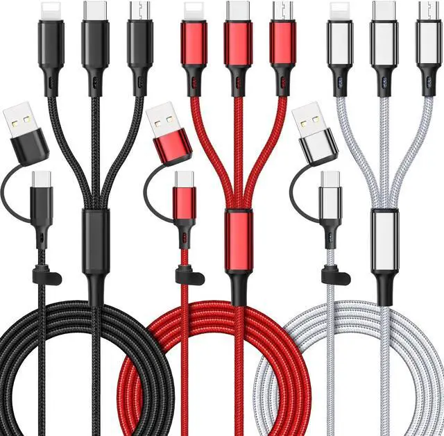 Main image of 6 in 1 Multi Charging Cable [3Pack 4FT] Nylon Braided Multi Fast Charging Cord USB A/C to Phone USB C/Micro USB/i-P Connector Universal Multiple Phone Charger