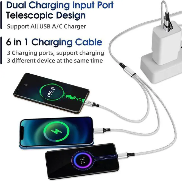 Alt view image 3 of 7 - 6 in 1 Multi Charging Cable [3Pack 4FT] Nylon Braided Multi Fast Charging Cord USB A/C to Phone USB C/Micro USB/i-P Connector Universal Multiple Phone Charger