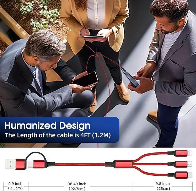 Alt view image 5 of 7 - 6 in 1 Multi Charging Cable [3Pack 4FT] Nylon Braided Multi Fast Charging Cord USB A/C to Phone USB C/Micro USB/i-P Connector Universal Multiple Phone Charger