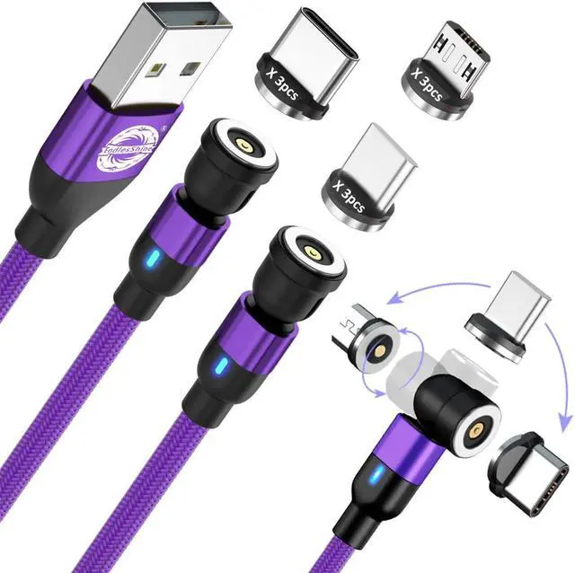 Main image of Magnetic Charging Cable [3Pack 3.3/6.6/6.6FT] 540° Rotation Magnetic Phone Charger.USB C Cable,Micro USB,iProduct Device 3 in 1.LED Light Magnet Android Charger Type C Cable(Purple)