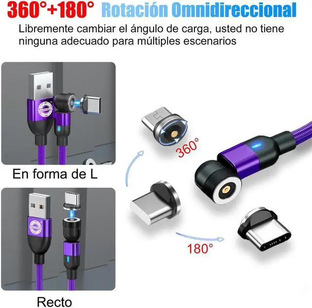 Alt view image 2 of 7 - Magnetic Charging Cable [3Pack 3.3/6.6/6.6FT] 540° Rotation Magnetic Phone Charger.USB C Cable,Micro USB,iProduct Device 3 in 1.LED Light Magnet Android Charger Type C Cable(Purple)