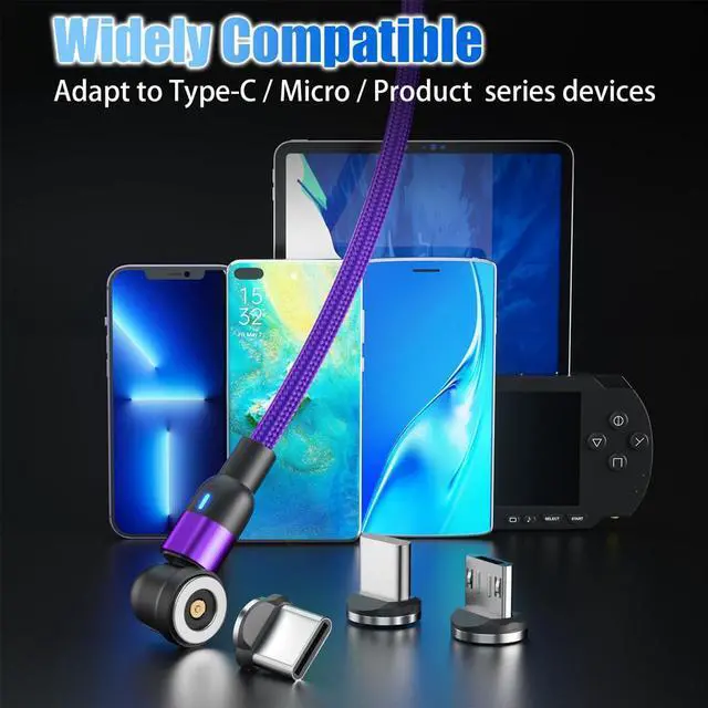 Alt view image 7 of 7 - Magnetic Charging Cable [3Pack 3.3/6.6/6.6FT] 540° Rotation Magnetic Phone Charger.USB C Cable,Micro USB,iProduct Device 3 in 1.LED Light Magnet Android Charger Type C Cable(Purple)