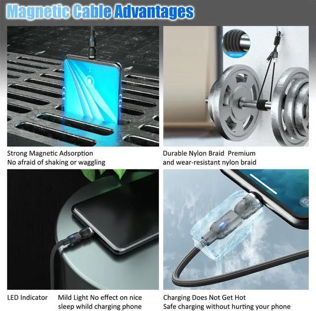 Alt view image 6 of 7 - Magnetic Charging Cable [3Pack 3.3/6.6/6.6FT] 540° Rotation Magnetic Phone Charger.USB C Cable,Micro USB,iProduct Device 3 in 1.LED Light Magnet Android Charger Type C Cable(Purple)