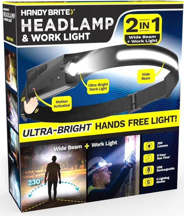 Alt view image 2 of 7 - Ontel Handy Brite Rechargeable Headlamp - 260-Lumen Ultra-Bright Headlamp with 5 Light Modes, USB-Rechargeable Head Lamp for Outdoor Activities & Emergencies, 8-Hour Battery Life