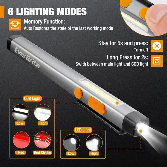 Alt view image 2 of 7 - EverBrite Pen Flashlight, Rechargeable LED Pen Light, COB Light with White and Red Modes, Memory Function, USB C Cable, 6 Modes Pocket Light with Clip and Magnet, Waterproof, for Camping, Emergency