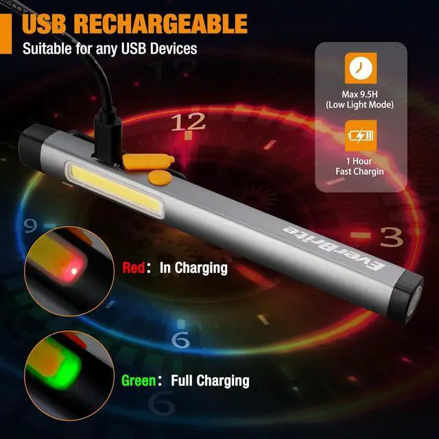 Alt view image 4 of 7 - EverBrite Pen Flashlight, Rechargeable LED Pen Light, COB Light with White and Red Modes, Memory Function, USB C Cable, 6 Modes Pocket Light with Clip and Magnet, Waterproof, for Camping, Emergency