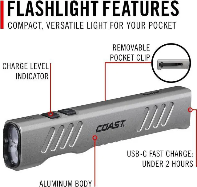 Alt view image 3 of 7 - Coast Slayer 1150 Lumen USB-C Rechargeable LED Flashlight with Spot/Flood, Memory Mode and Pocket Clip, Silver