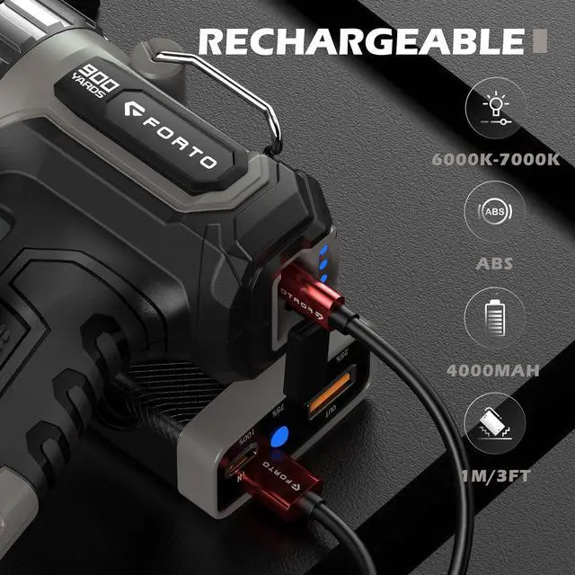 Alt view image 5 of 7 - FORTO Compact Rechargeable Spotlight with Adjustable Focus, Handheld Spotlight with Stand, 823m Range, 3 Light Modes and LED Spot Lights Outdoor for Boating Hunting Camping Hiking1400 Lumens