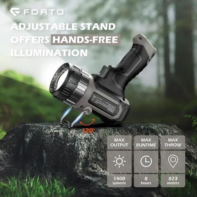 Alt view image 6 of 7 - FORTO Compact Rechargeable Spotlight with Adjustable Focus, Handheld Spotlight with Stand, 823m Range, 3 Light Modes and LED Spot Lights Outdoor for Boating Hunting Camping Hiking1400 Lumens
