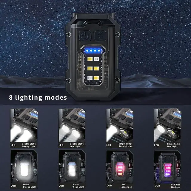 Alt view image 2 of 7 - Flashlights High Lumens - Super Bright 800 LM, USB C Rechargeable LED Keychain Flash Light with COB Side Light, 8 Modes, IPX5 Pocket FlashlightTactical FlashlightBlack