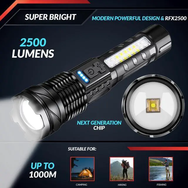 Alt view image 2 of 7 - PeakPlus Rechargeable Flashlights for Home [2 Pack] High Lumens Super Bright 7 Modes IPX6 Waterproof Zoomable LED Flash Lights for Emergencies, Camping