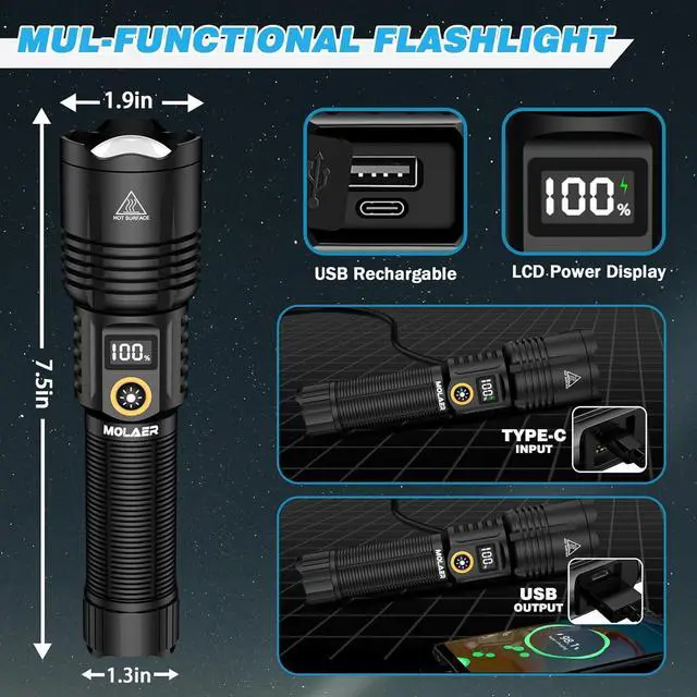 Alt view image 4 of 7 - Rechargeable Flashlights 2200 High Lumens Super Bright LED Flashlight with Zoomable 6 Modes IPX6 Waterproof Powerful Tactical Handheld Flash Light for Camping Hiking Emergencies