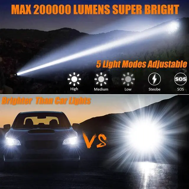 Alt view image 2 of 7 - Rechargeable Flashlights MAX 200000 High Lumens,Super Bright 30W LED Flashlight,High Powered Brightest Flashlight for Emergencies/Camping Gear,Zoomable,Waterproof,5 Modes,USB Handheld Flash Light