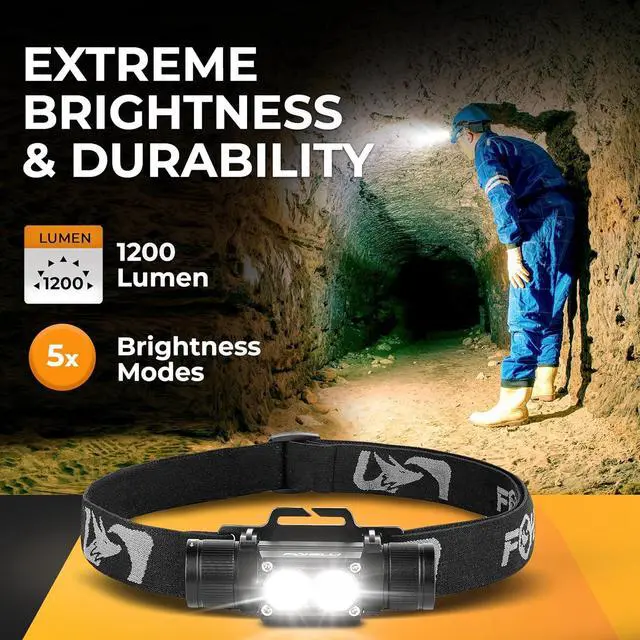 Alt view image 2 of 7 - Foxelli Ultra Bright Rechargeable Headlamp IPX7 Waterproof, 1200 Lumen LED Light for Work & Outdoors, with Battery & Hooks - Perfect for Hard Hat or Helmet