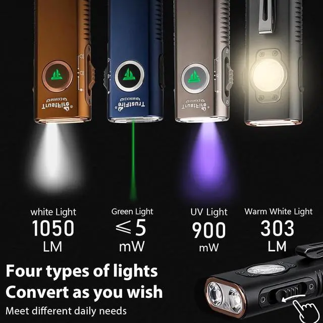 Alt view image 2 of 7 - TrustFire Mini X3 Rechargeable EDC Flashlight with White Light, Flood Light, UV and Green Beam, 1050 Lumens Portable Flat Flashlights, Fourfold Light Sources Pocket Lights for Emergency (Black)
