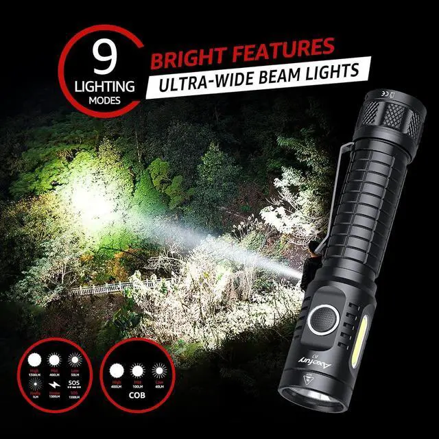 Alt view image 3 of 7 - Flashlight, Rechargeable Magnetic LED Flashlight High Powered 1300 Lumens,Tactical LED Light Torch COB Work Light,9 Modes,IP67 Outdoor Gear A7