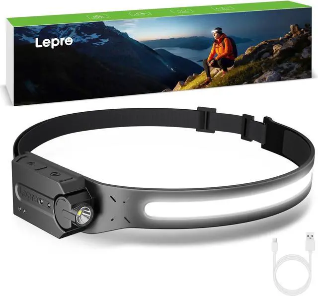 Main image of Lepro Headlamp - Super Bright LED Head Lamp Rechargeable with 230°Wide Beam, Adjustable Spotlight, Motion Sensor, 5 Modes, Waterproof Lightweight Headlight Flashlight for Camping Running