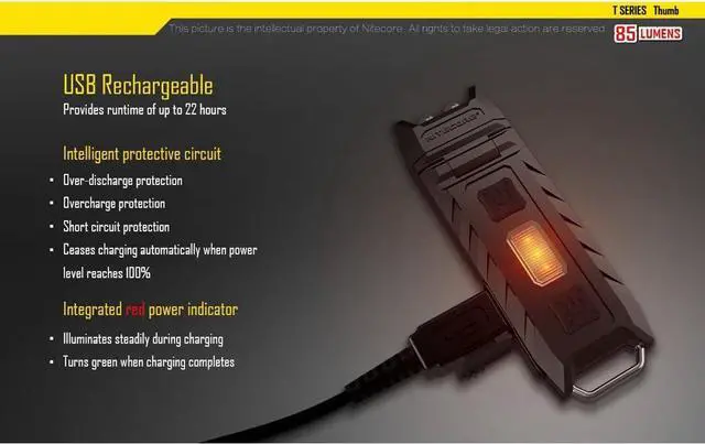 Alt view image 7 of 7 - Nitecore Thumb 85 Lumens USB Rechargeable White & Red LED Keychain Light - Tiltable Work Light with Clip and a LumenTac USB Charging Cable