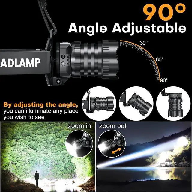 Alt view image 5 of 7 - LED Rechargeable Headlamp Head Lamp Super Bright with 9 Modes & IPX6 Waterproof Zoomable Head Lights for Forehead 90° Adjustable Headlamps for Camping Hiking Hunting Fishing Car Repair