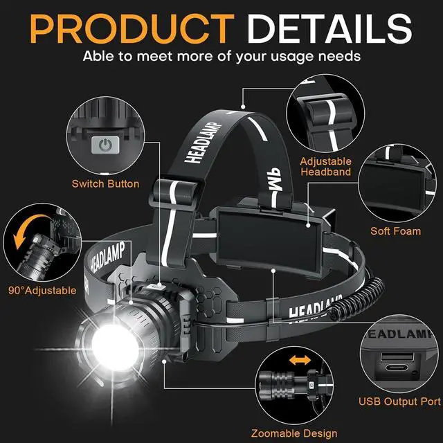 Alt view image 6 of 7 - LED Rechargeable Headlamp Head Lamp Super Bright with 9 Modes & IPX6 Waterproof Zoomable Head Lights for Forehead 90° Adjustable Headlamps for Camping Hiking Hunting Fishing Car Repair
