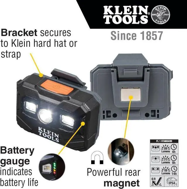 Alt view image 2 of 7 - Klein Tools 56062 Rechargeable LED Headlamp / Worklight for Klein Hardhats, 300 Lumens, All-Day Runtime, 3 Modes, for Work and Outdoors