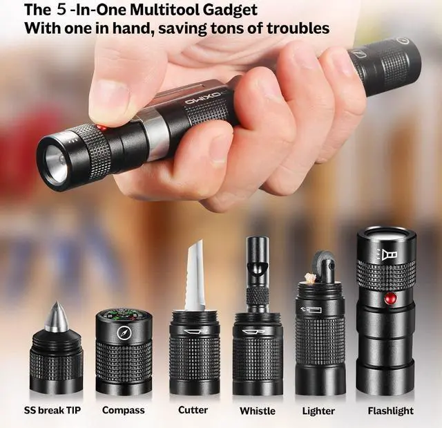 Alt view image 3 of 7 - EDC Multitool 5-In-1 Tactical Survival Gear with Flashlight, Lighter(No Fuel), Glass Breaker, Cutter, Compass, Pocket Camping Multi-Tool Gadget, Cool Birthday Gift for Men Dad Husband