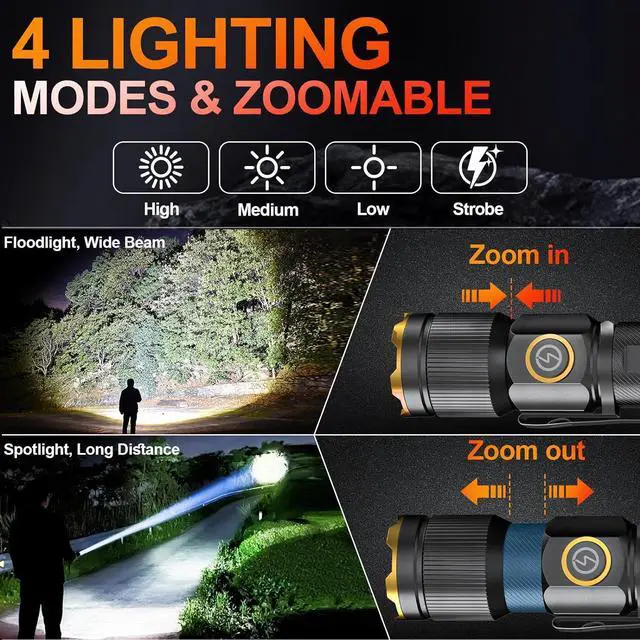 Alt view image 4 of 7 - Rechargeable Flashlights High Lumens Super Bright Small LED Flash Light 26 Hours Long Lasting 4 Lighting Modes Magnetic Zoomable Pocket Flashlight for Emergencies Home Camping (2 Pack)
