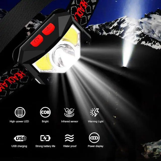 Alt view image 3 of 6 - Headlamp Rechargeable 2 Pack Bright LED Head Lamp Outdoor 1100 Lumen Headlight with White Red Light Motion Sensor Waterproof 8 Modes Headlamps Flashlights for Running Cycling Fishing