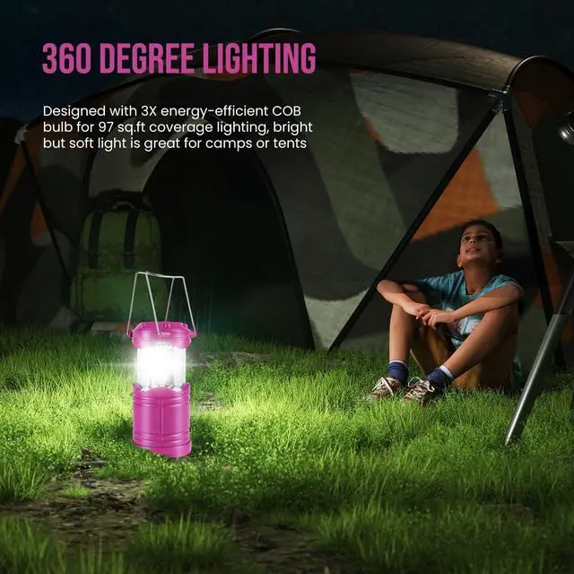 Alt view image 2 of 7 - Lichamp LED Camping Lantern, 4 Pack Battery Powered Flashlight for Power Outages, Portable Collapsible Hanging Light Essential for Home, Outdoor, Emergency Lamp Survival Kit Gear for Hurricane, Pink