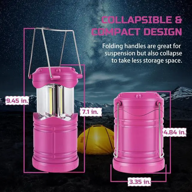 Alt view image 3 of 7 - Lichamp LED Camping Lantern, 4 Pack Battery Powered Flashlight for Power Outages, Portable Collapsible Hanging Light Essential for Home, Outdoor, Emergency Lamp Survival Kit Gear for Hurricane, Pink