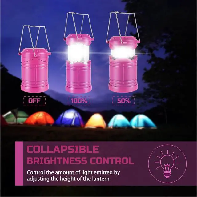 Alt view image 4 of 7 - Lichamp LED Camping Lantern, 4 Pack Battery Powered Flashlight for Power Outages, Portable Collapsible Hanging Light Essential for Home, Outdoor, Emergency Lamp Survival Kit Gear for Hurricane, Pink