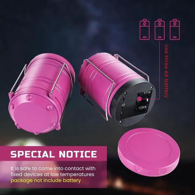 Alt view image 6 of 7 - Lichamp LED Camping Lantern, 4 Pack Battery Powered Flashlight for Power Outages, Portable Collapsible Hanging Light Essential for Home, Outdoor, Emergency Lamp Survival Kit Gear for Hurricane, Pink