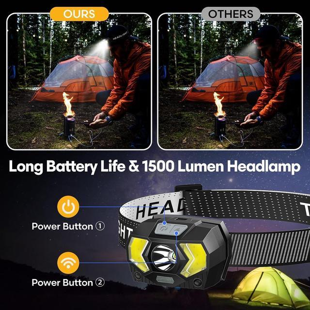 Alt view image 4 of 7 - Headlamp 2 Pack,1500 Lumen Bright LED Head Lamp with 7 Modes, Head Lights for Forehead with Red Light, IPX5 Waterproof Head Light for Adults and Kids Camping Running, 6AAA Batteries Included