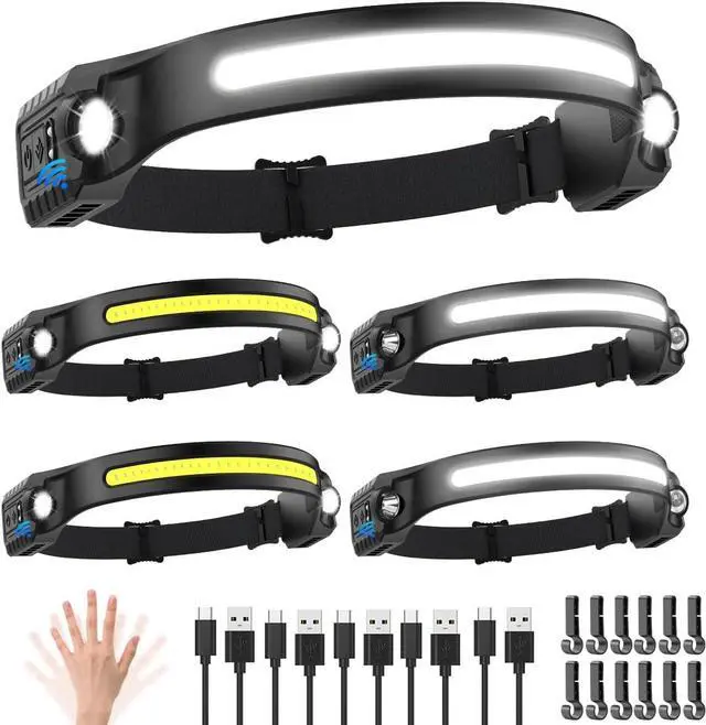 Main image of Headlamp Rechargeable 5Pack 230° Wide Beam Head Lamp with 2 Spotlights LED Headlamp with Motion Sensor 5Mode Rechargeable Headlamp Head Lights for Forehead Headlamps for Adults Running Hard Hat