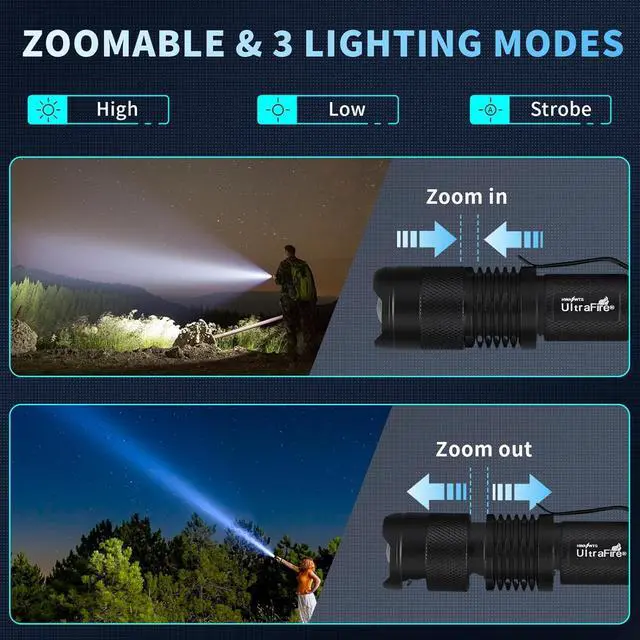 Alt view image 3 of 7 - ULTRAFIRE 5 Pack SK68 Tactical and Small Flashlights,7w 3-Mode Pocket Torch Adjustable Focus Zoom Light Lamp